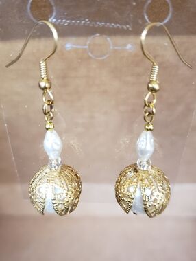 Gold Tone Filigree and White Faux Pearl Drop Earrings - Fashion Jewelry